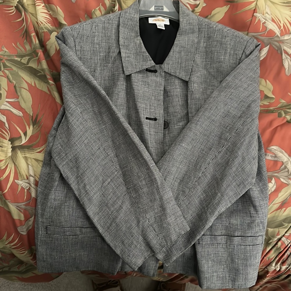 Talbots Black & White Mini Houndstooth Print Linen Jacket sz 16